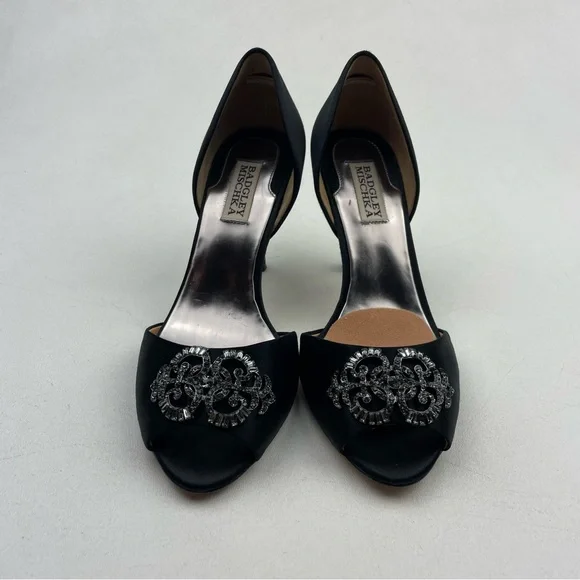 Badgley Mischka Black Satin Embellished Heels Size 8.5 - Picture 2 of 10